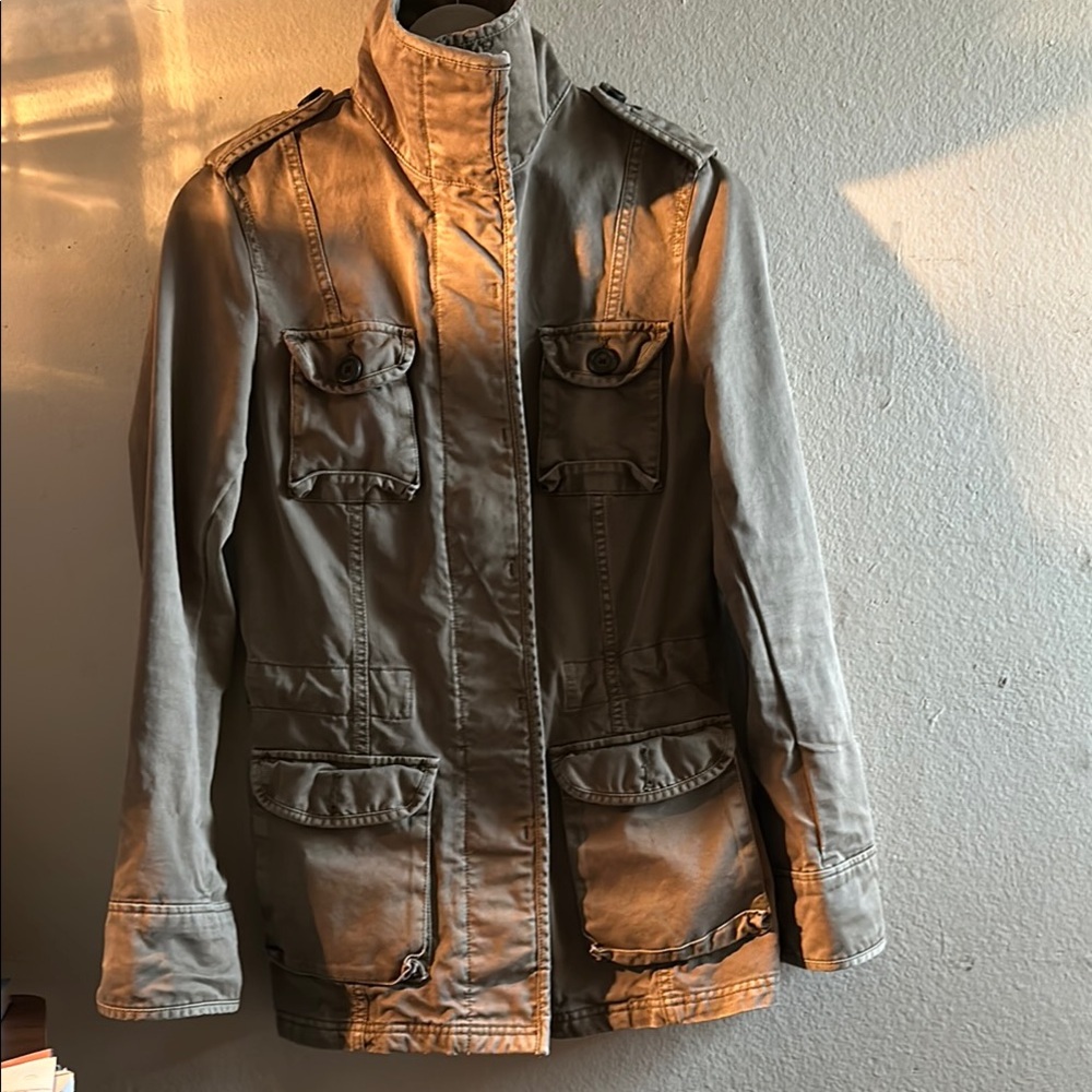 Tan and Green Military Field Jacket with Collared Neckline